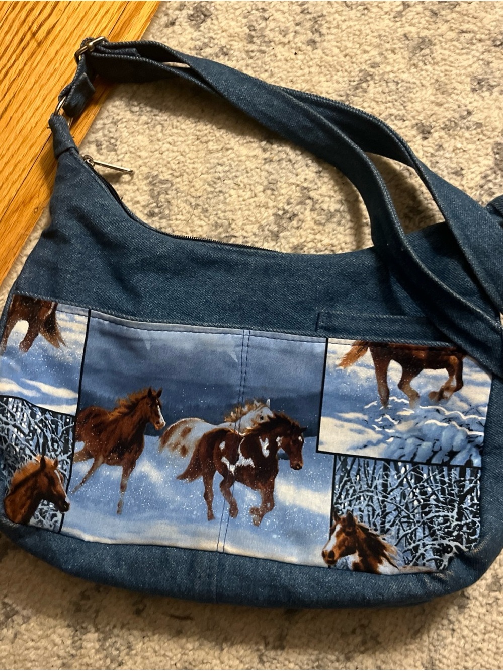 Ritas handmade Denim Shoulder Bag with Horse Print Panel - Blue